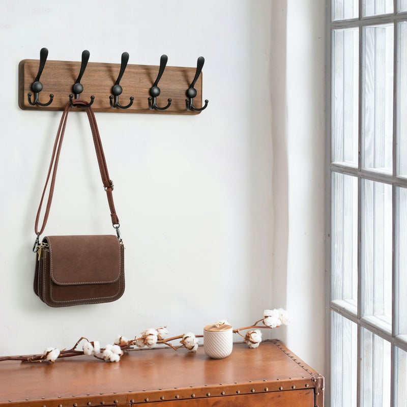 WEBI Coat Rack Wall Mount,Coat Hooks Wall Mounted Rustic,16" Hole to Hole,Large Coat Hanger Wall,Wood Hook Rack,5 Triple Hooks for Hanging Coats,Jacket,Clothes,Black - Image 5